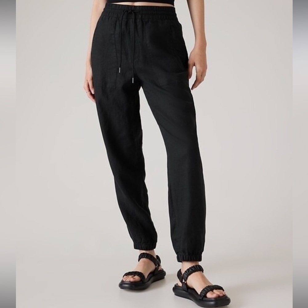 Athleta Retreat Pants Women’s Large Linen High Rise Jogger Black 28” B16